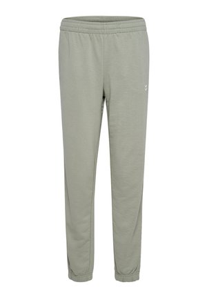 Pantaloni jogger grigi chiari con cintura e polsini elasticizzati, realizzati in materiale morbido. Presentano un branding minimale sul lato.