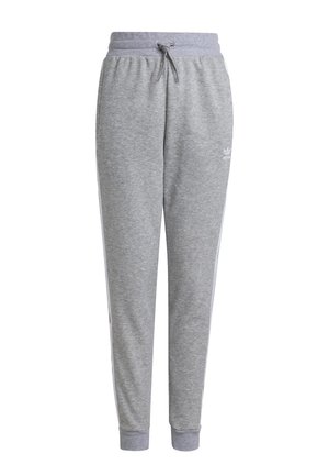 Grå joggingbukser med elastisk talje og manchetter, snøre foran og diskret brandlogo på øverste lår.