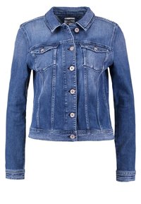 Jeansjacka i medelblå, med knäppning fram, två bröstfickor och en klassisk krage. Tillverkad av texturerad bomullstyg.