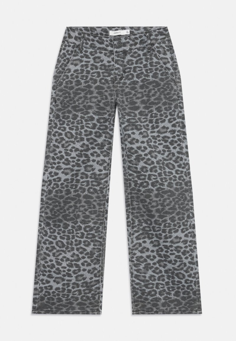 Grå leopardmønstret vide ben-bukser med lommer, knaplukning og et teksturert stof med en glat finish.