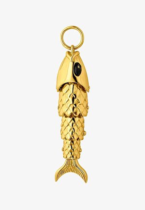 Llave de metal en forma de pez dorado, con un patrón texturizado de escamas, detalle de ojo negro y un lazo para sujeción.