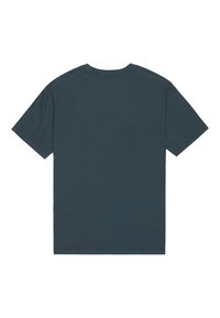 T-shirt verde scuro, maniche corte, scollatura rotonda, colore uniforme, texture liscia, senza motivi o grafiche, design semplice.