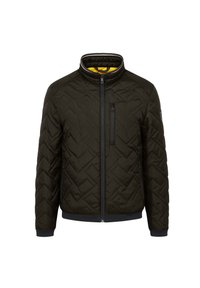 Quilted dark green jacket with a high collar, yellow lining, zippered chest pocket, and elastic cuffs; features geometric pattern stitching.