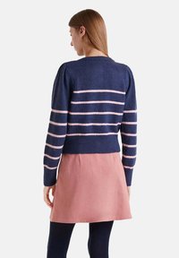 Mujer vestida con un suéter azul marino con rayas horizontales rosas, combinado con una falda rosa y leggings negros, de espaldas a la cámara.
