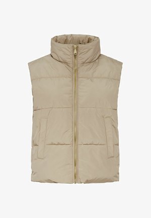Beżowa kamizelka puchowa z wysokim kołnierzem, zamek błyskawiczny z przodu i dwiema kieszeniami bocznymi. Teksturowany materiał z pikowanym wzorem i złotym zamkiem.