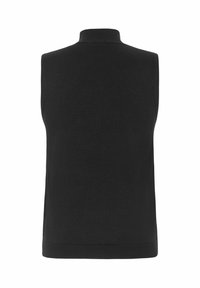 Črna brezrokavnik z visokim ovratnikom. Narejen iz gladkega, mehkega blaga z oprijetim dizajnom in rebrastim robom na dnu.