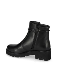Stivali ankle in pelle nera con zip laterale, suola spessa, texture liscia e design elegante, caratterizzati da cuciture minime e punta arrotondata.