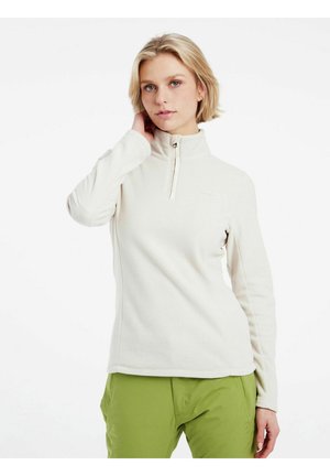 Lichtbeige fleecetruien met een halve rits halslijn en lange mouwen. Bevat textuurstof en subtiele branding op de borst.