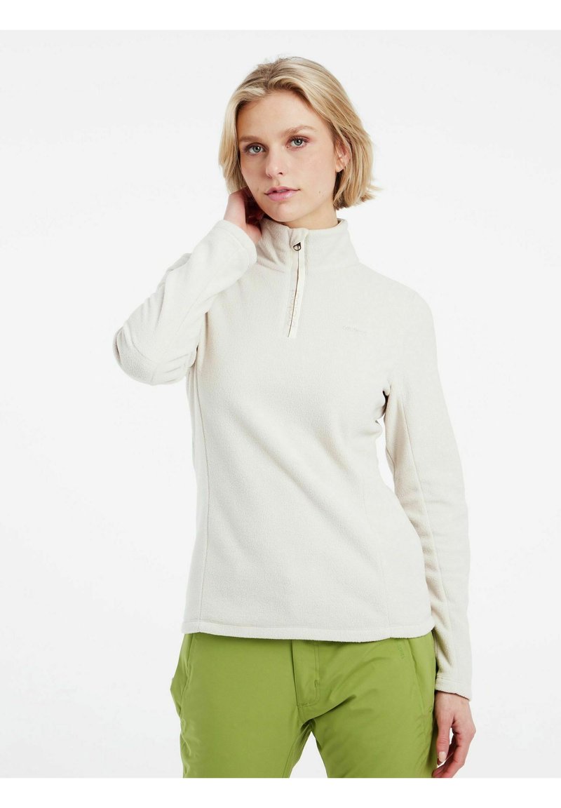 Lys beige fleece pullover med halv-zip sommerfuglekrave og lange ærmer. Har tekstureret stof og diskret branding på brystet.