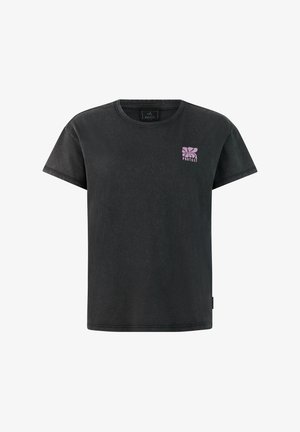 Zwart katoenen T-shirt met een ontspannen pasvorm. Voorzien van een klein roze bloemenlogo op de linkerborst en een ronde hals. Korte mouwen.
