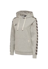 Sudadera gris con un bolsillo delantero, capucha con cuerda y rayas en chevrón oscuras a lo largo de las mangas. Presenta un pequeño logo en el pecho.