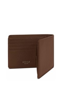 Billetera bicolor de cuero marrón con múltiples ranuras para tarjetas y con "REDOLZ Desde 2007" grabado en plata en el interior.