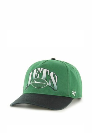 Grün-schwarze Baseballkappe mit dem Text "JETS" und Fußball-Logo vorne sowie "'47" an der Seite bestickt.