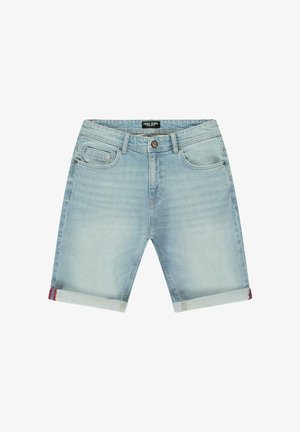 Lichtblauwe denim shorts met een omgeslagen zoom. Voorzien van voorzakken, een logolabel en een knoopsluiting. Gestructureerde stof met lichte vervaging.