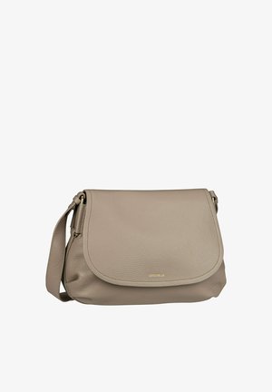 Leather shoulder bag in light beige with a textured surface and a flap closure. Features a long adjustable strap and subtle gold branding.