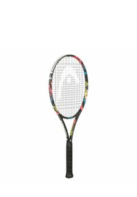Raqueta de tenis con un marco negro. La cabeza presenta un diseño colorido con acentos en rosa, azul y amarillo. Mango de agarre texturizado en negro.