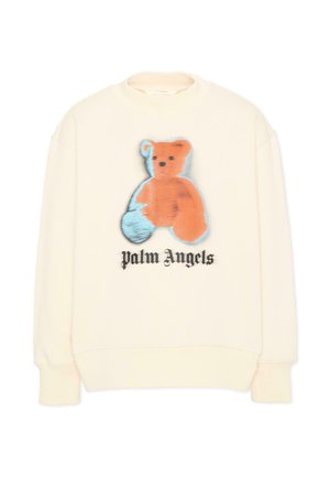 Felpa color crema con grafica di un orsacchiotto arancione e blu sfocata e testo "Palm Angels" in carattere gotico nero sotto.