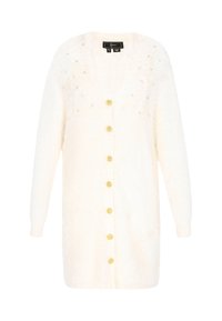 Cardigan lung alb pufos, cu mâneci lungi, de tip V, cu mici tinte argintii aproape de umeri și șapte nasturi decorativi aurii pe față.