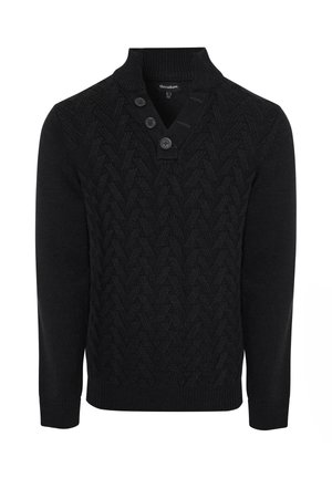 Schwarzer Strickpullover mit V-Ausschnitt, Kragen mit zwei Knöpfen und strukturiertem Zickzackmuster. Lange Ärmel mit gerippten Bündchen.