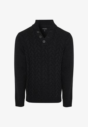 Sort strikket sweater med V-udskæring, krave med to knapper og struktureret zigzag-mønster. Lange ærmer med ribbet manchetter.