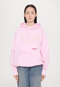 Rosa karierte Kapuzen sweatshirt mit Fronttasche und "Fiorucci"-Logo. Verfügt über eine lockere Passform, Knopfdetails und geraffte Bündchen.