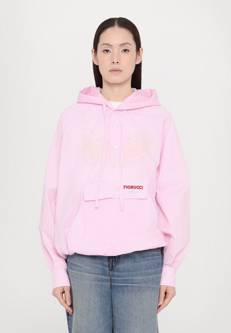 Rosa karierte Kapuzen sweatshirt mit Fronttasche und "Fiorucci"-Logo. Verfügt über eine lockere Passform, Knopfdetails und geraffte Bündchen.