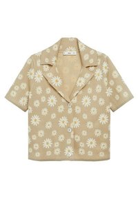 Beżowa koszula na krótki rękaw z guzikami, ozdobiona kwiatowym wzorem z białymi stokrotkami o żółtych środkach, wykonana z fakturowanej tkaniny.