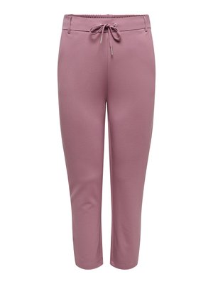 Pantalones femeninos color malva con piernas entalladas, cintura elástica, trabillas para cinturón y cierre frontal con cordón ajustable.