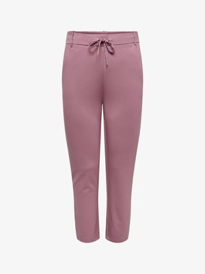 Pantaloni da donna color malva con gambe affusolate, cintura elastica, passanti per cintura e chiusura frontale con coulisse.