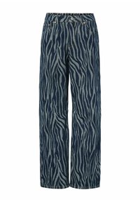 Pantalones de mezclilla de pierna ancha con un fondo azul oscuro y un patrón de rayas de cebra en un azul claro que contrasta; incluye bolsillos estándar y herrajes metálicos.