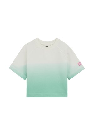 Kurzärmeliges, kurz geschnittenes Sweatshirt mit Farbverlauf von Weiß zu Minzgrün und einem kleinen rosa Etikett am linken Ärmel.