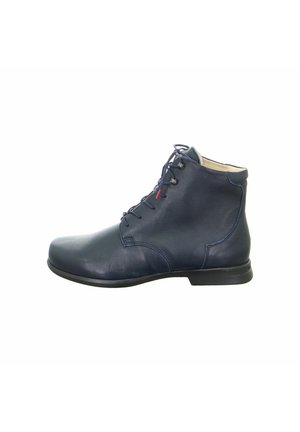 Navy blue leather ankle boots with laces, rounded toe, and a smooth texture. Features subtle stitching and a low, flat sole.