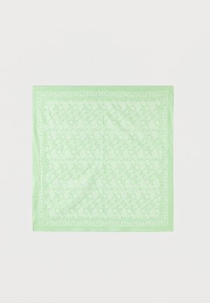 Tissu carré vert clair avec des motifs cachemire blancs et une bordure décorative sur un fond uni.