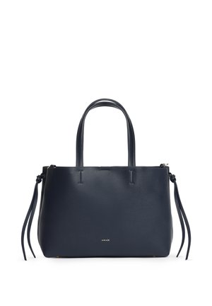 Borsa in pelle blu navy con due manici, nappine laterali, forma rettangolare e piccolo logo dorato "MIRIADE" sulla parte anteriore.