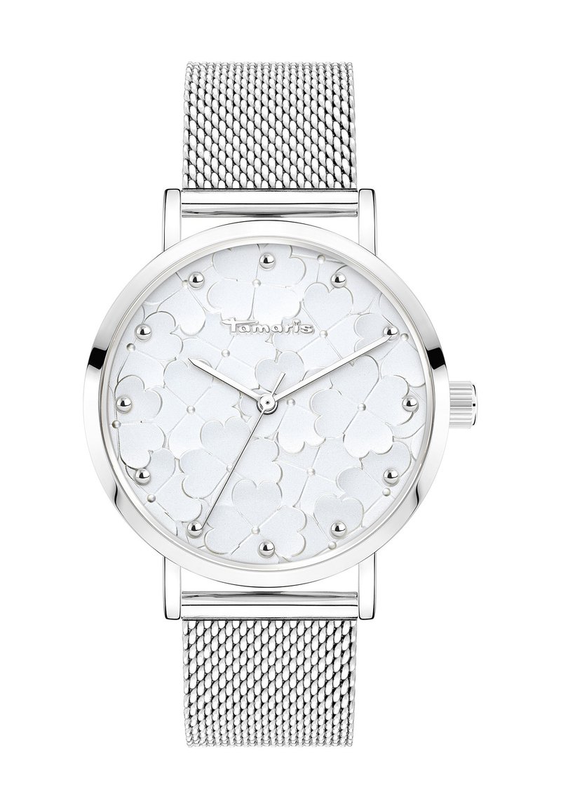 Silbernes Mesh-Armbanduhr mit einem weißen Zifferblatt und strukturierten Herzmustern sowie silbernen Stundenmarkierungen. Einfache Stunden- und Minutenzeiger.