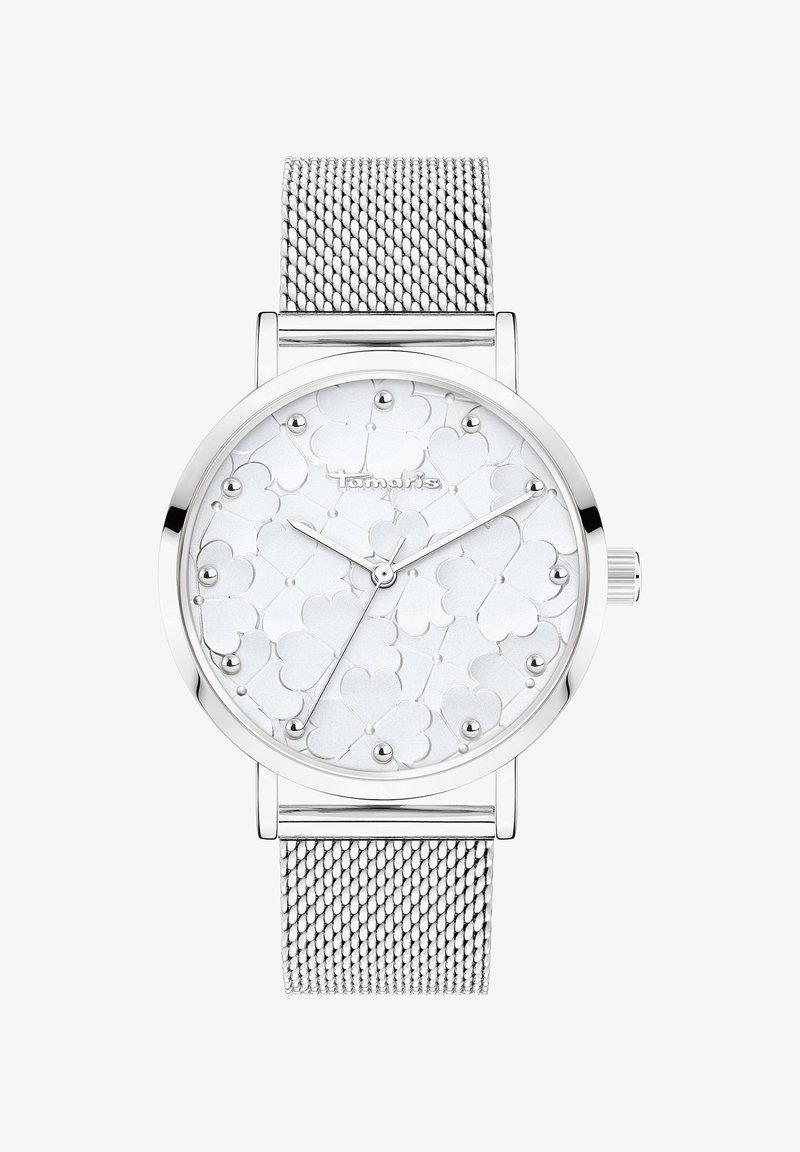 Silbernes Mesh-Armbanduhr mit einem weißen Zifferblatt und strukturierten Herzmustern sowie silbernen Stundenmarkierungen. Einfache Stunden- und Minutenzeiger.