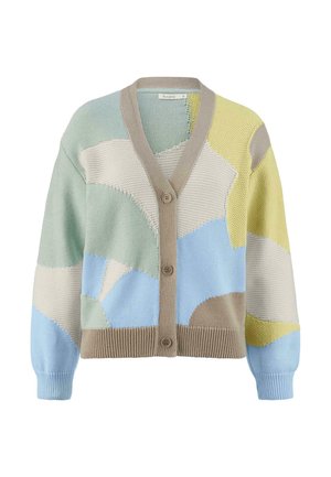 Gebreide cardigan met V-hals, knoopsluiting en een kleurblokontwerp in groen, blauw, geel en beige met verschillende texturen.