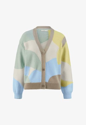 Strickjacke mit V-Ausschnitt, Knopfverschluss und einem zweifarbigen Design in Grün, Blau, Gelb und Beige mit unterschiedlichen Texturen.