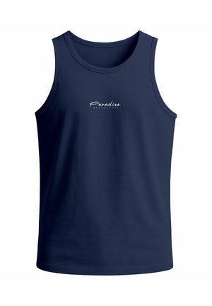 Navy blue sleeveless tank top made from soft fabric; features a white printed logo text "Paradise NEVERLESS" on the chest area.