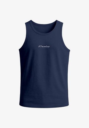 Navy blue sleeveless tank top made from soft fabric; features a white printed logo text "Paradise NEVERLESS" on the chest area.