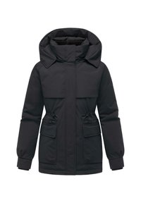 Zwarte gevoerde jas met hoge kraag, grote capuchon, twee voorzakken en trekkoorden bij de taille en onderkant. Waterdicht materiaal.