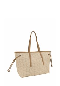 Borsa tote beige con un'esterno in tessuto decorato, manici in pelle marrone e cordini laterali regolabili. Fondo piatto per maggiore stabilità.