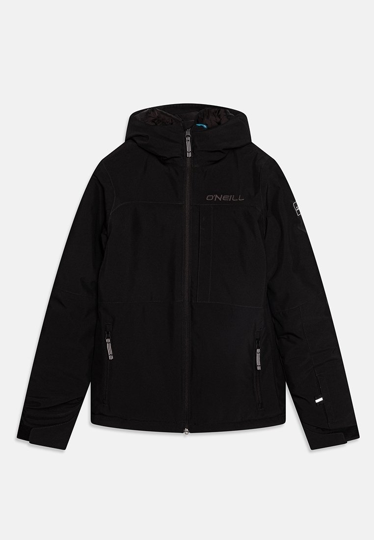 Czarna kurtka z kapturem marki O'Neill z przednim zamkiem błyskawicznym, dwoma kieszeniami na zamek oraz regulowanymi mankietami, pokazana rozłożona na płasko na jednolitym tle.