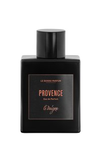 Schwarze rechteckige Parfümflasche mit matter Oberfläche, ausgestattet mit einem runden schwarzen Deckel und einem Etikett, auf dem "PROVENCE" in kupferner Schrift steht.