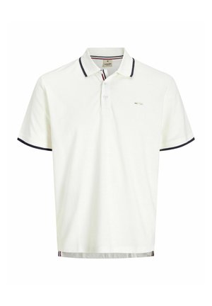 Hvitt polo skjorte med ribbet marineblå krage og mansjetter, treknapps placket, og en subtil logo på brystet. Laget av strukturert bomullsstoff.