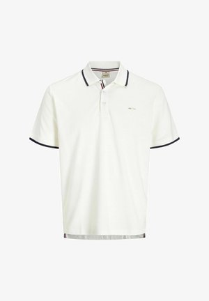 Hvitt polo skjorte med ribbet marineblå krage og mansjetter, treknapps placket, og en subtil logo på brystet. Laget av strukturert bomullsstoff.