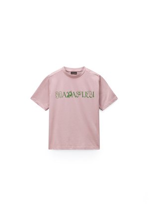 Light pink short-sleeve t-shirt with green abstract letters across the chest spelling a brand name, displayed against a white background.
