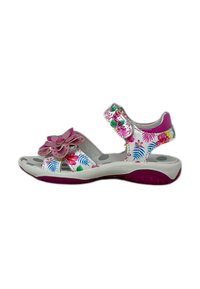 Sandali regolabili con una base bianca, un motivo floreale colorato, un accento a forma di fiore rosa e una suola viola per aderenza e comfort.
