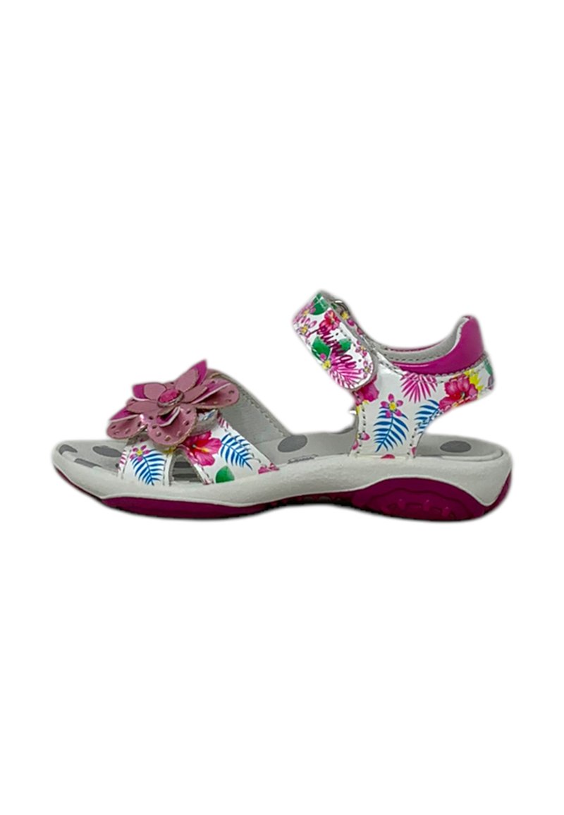 Sandali regolabili con una base bianca, un motivo floreale colorato, un accento a forma di fiore rosa e una suola viola per aderenza e comfort.
