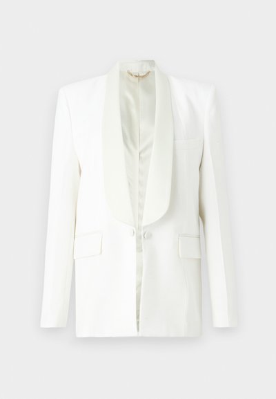 Witte blazer met satijnen revers, twee voorke pockets en een enkele knoopsluiting. Glad oppervlak, getailleerde vorm, zonder versieringen.